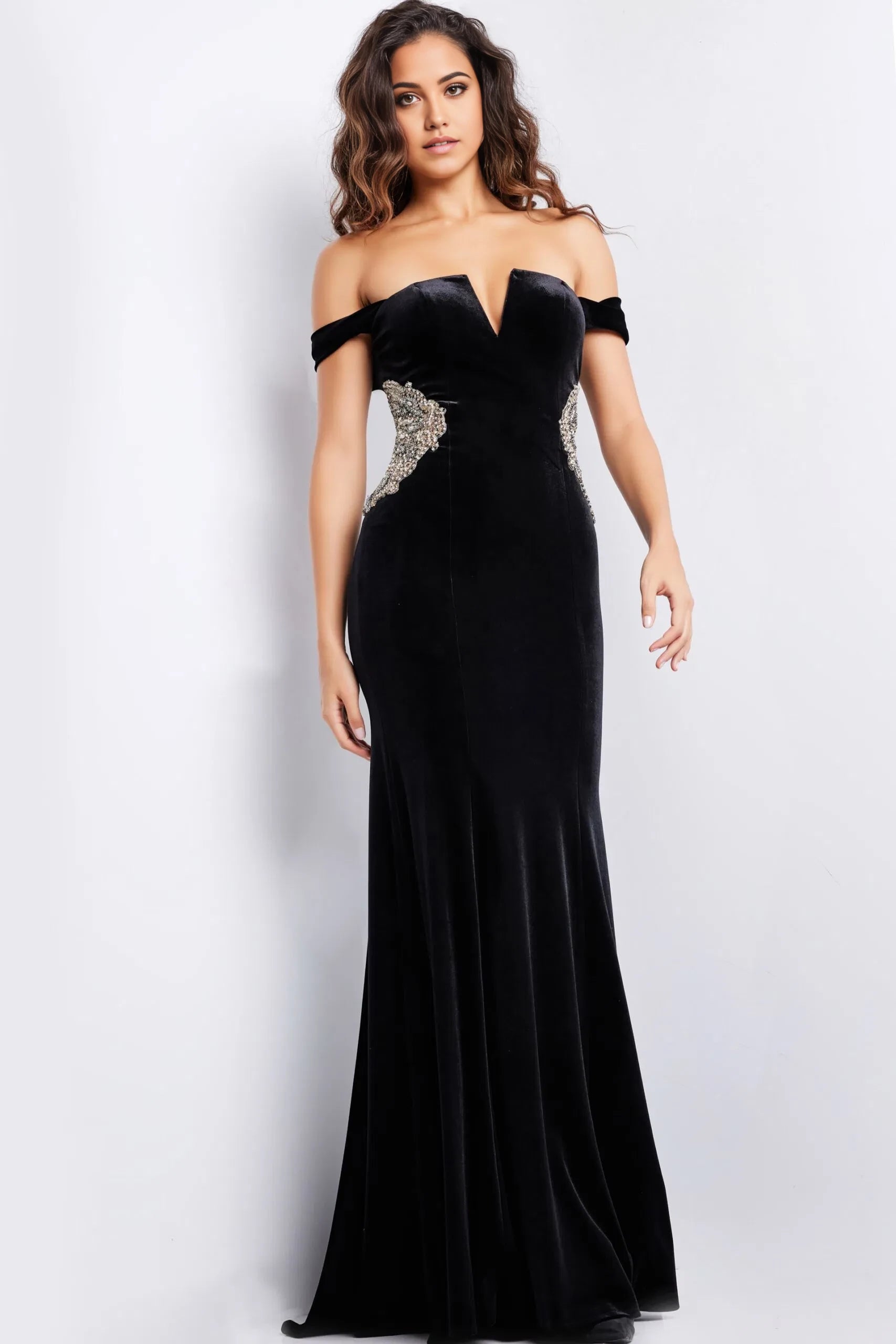 Glamorous Mermaid Off-Shoulder Beaded-Waist Velvet Long Length Evening Dresses