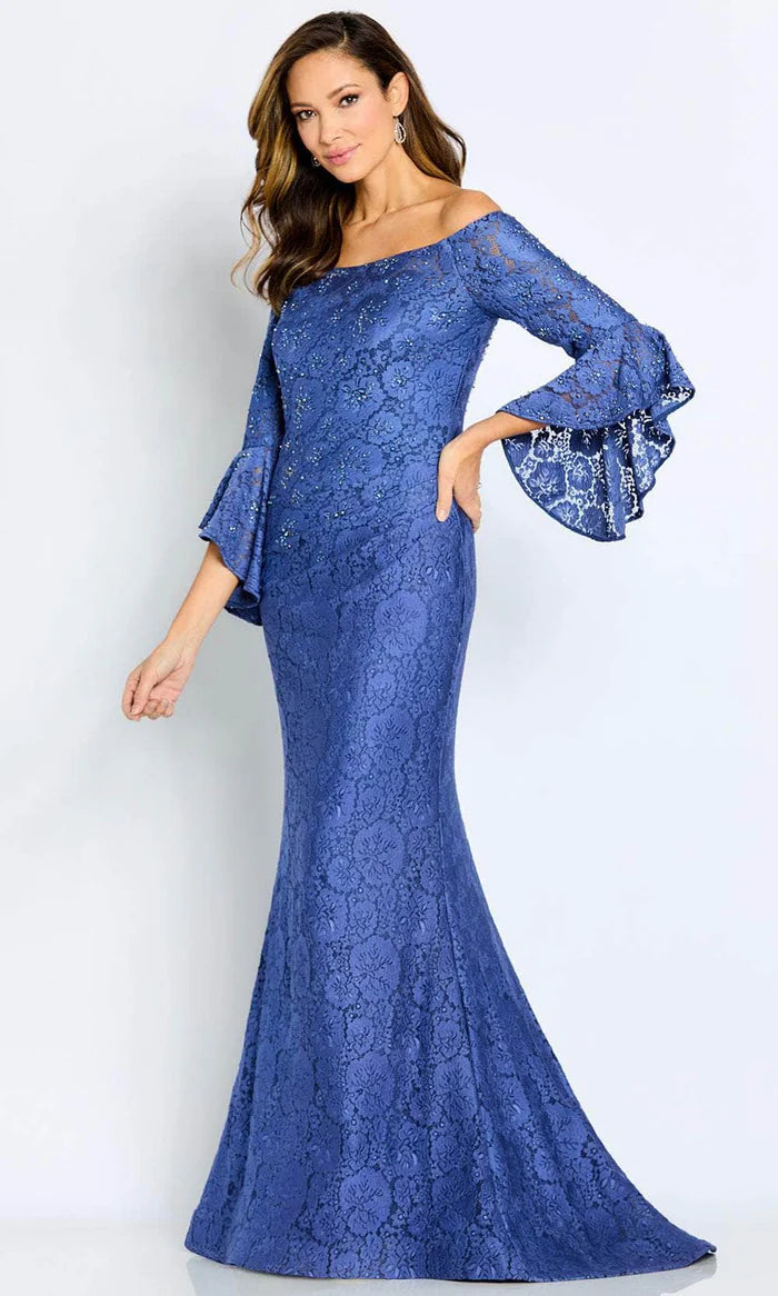 Glamorous Mermaid Off-Shoulder Bell-Sleeve Beaded-Back Royal Blue Lace Floor-Length Mother of the Bride Dresses
