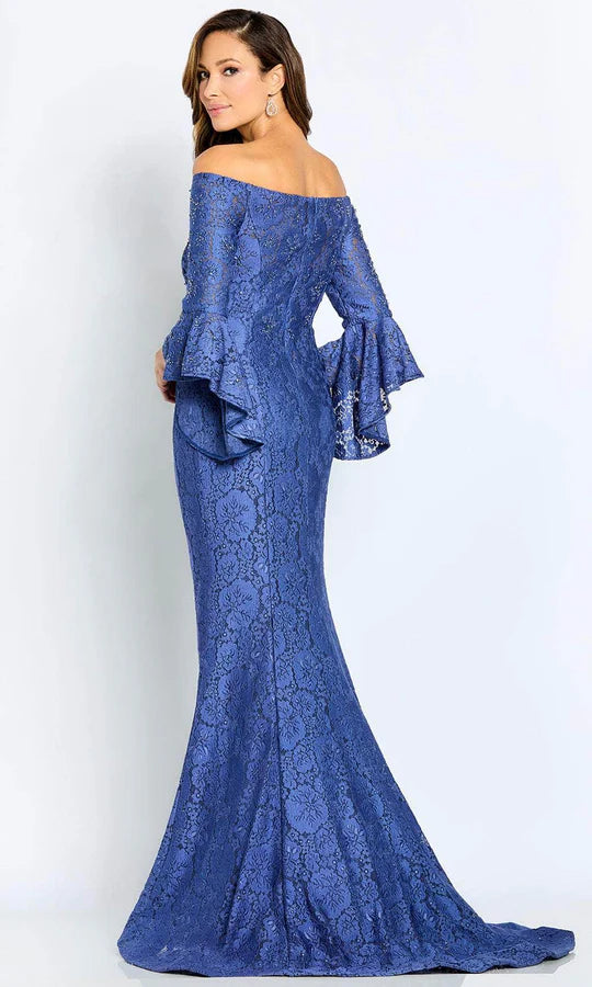 Glamorous Mermaid Off-Shoulder Bell-Sleeve Beaded-Back Royal Blue Lace Floor-Length Mother of the Bride Dresses