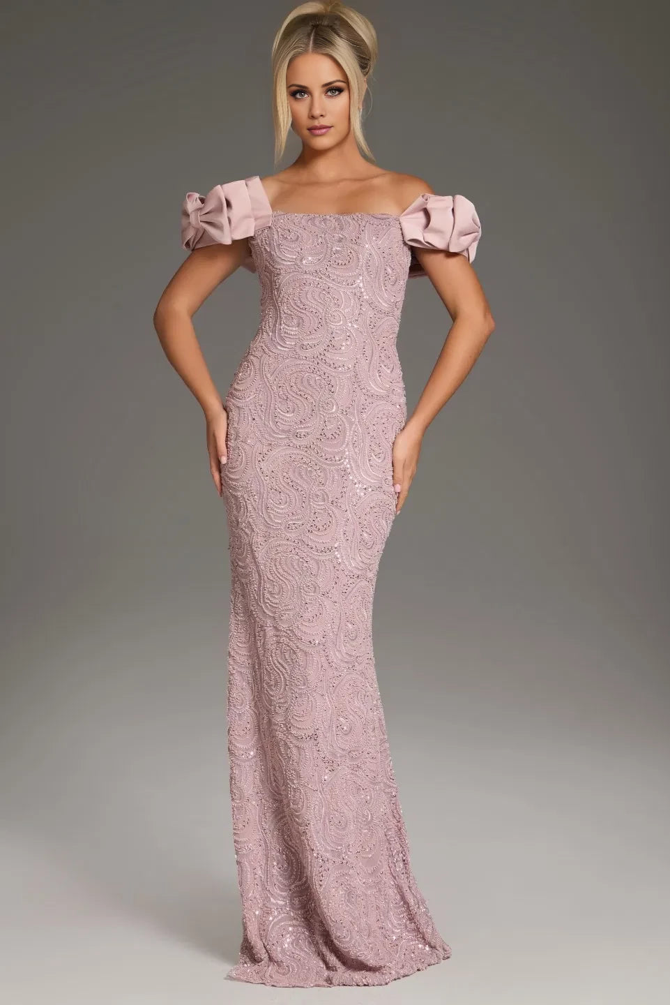 Glamorous Mermaid Off-Shoulder Bow-Accent Sequin-Pattern Long Length Evening Dresses