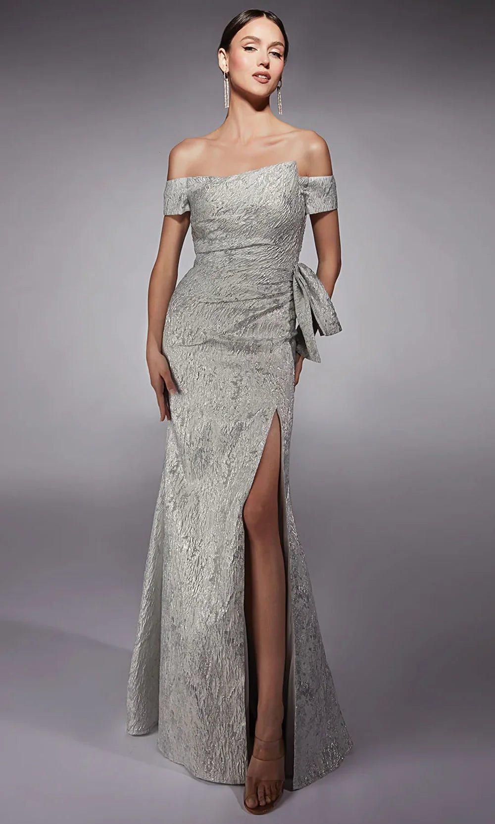 Glamorous Mermaid Off-Shoulder Bow-Accent-Zip-Back Silver Textured Satin Floor-Length Mother of the Bride Dresses