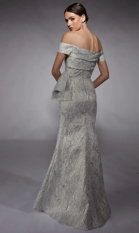 Glamorous Mermaid Off-Shoulder Bow-Accent-Zip-Back Silver Textured Satin Floor-Length Mother of the Bride Dresses