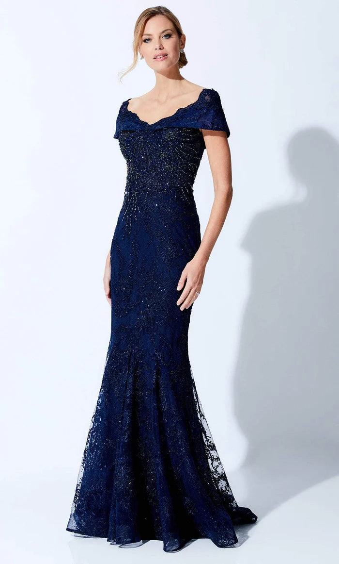 Glamorous Mermaid Off-Shoulder Cap-Sleeve Beaded-Lace-Back Navy Tulle Floor-Length Mother of the Bride Dresses
