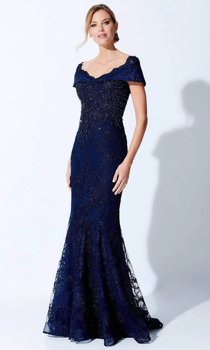 Glamorous Mermaid Off-Shoulder Cap-Sleeve Beaded-Lace-Back Navy Tulle Floor-Length Mother of the Bride Dresses