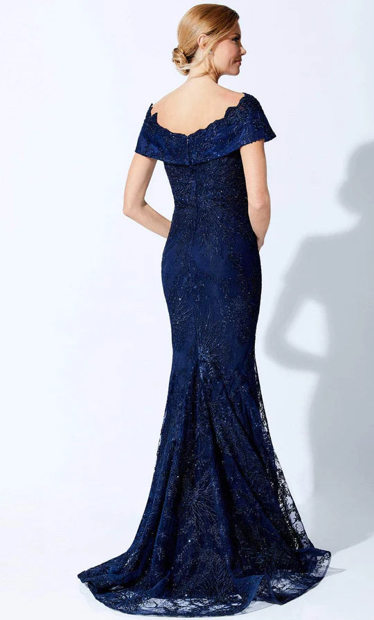 Glamorous Mermaid Off-Shoulder Cap-Sleeve Beaded-Lace-Back Navy Tulle Floor-Length Mother of the Bride Dresses