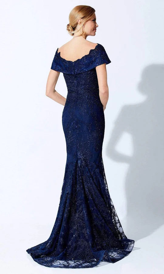 Glamorous Mermaid Off-Shoulder Cap-Sleeve Beaded-Lace-Back Navy Tulle Floor-Length Mother of the Bride Dresses