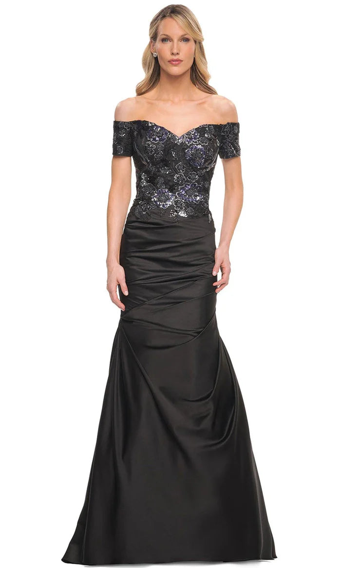 Glamorous Mermaid Off-Shoulder Cap-Sleeve Lace-Back Black Sequin-Lace Satin Floor-Length Mother of the Bride Dresses