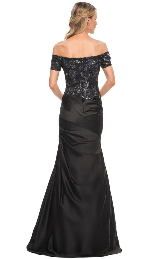 Glamorous Mermaid Off-Shoulder Cap-Sleeve Lace-Back Black Sequin-Lace Satin Floor-Length Mother of the Bride Dresses