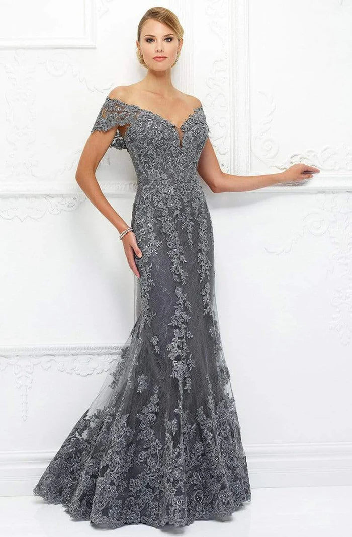 Glamorous Mermaid Off-Shoulder Cap-Sleeve Open-Back Gunmetal Lace-Tulle Floor-Length Mother of the Bride Dresses