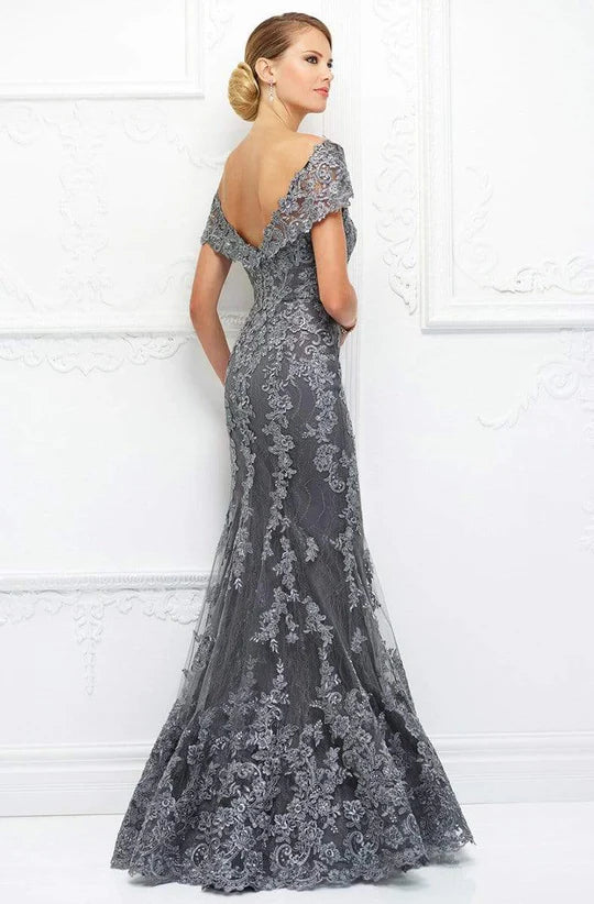 Glamorous Mermaid Off-Shoulder Cap-Sleeve Open-Back Gunmetal Lace-Tulle Floor-Length Mother of the Bride Dresses