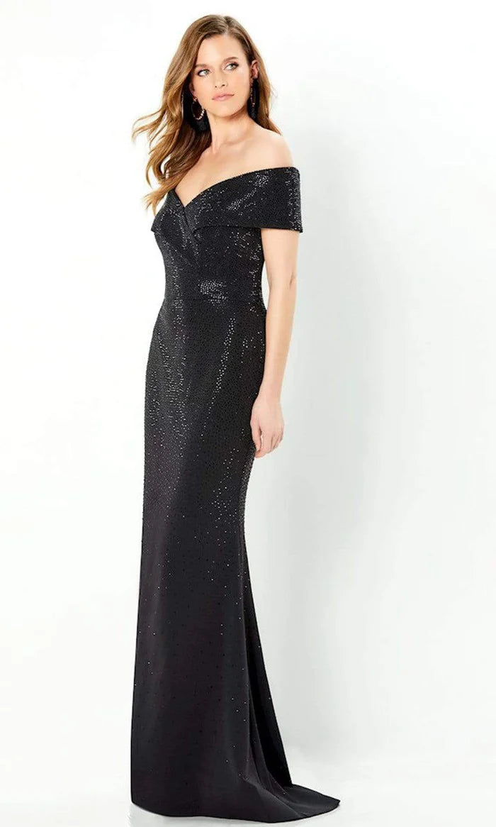 Glamorous Mermaid Off-Shoulder Cap-Sleeve-Zip-Back Black Sequin Satin Floor-Length Mother of the Bride Dresses