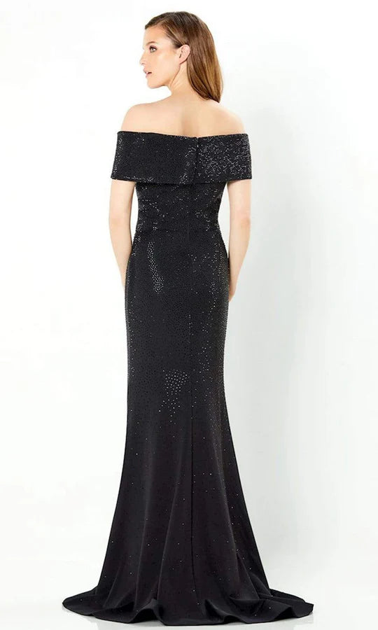 Glamorous Mermaid Off-Shoulder Cap-Sleeve-Zip-Back Black Sequin Satin Floor-Length Mother of the Bride Dresses