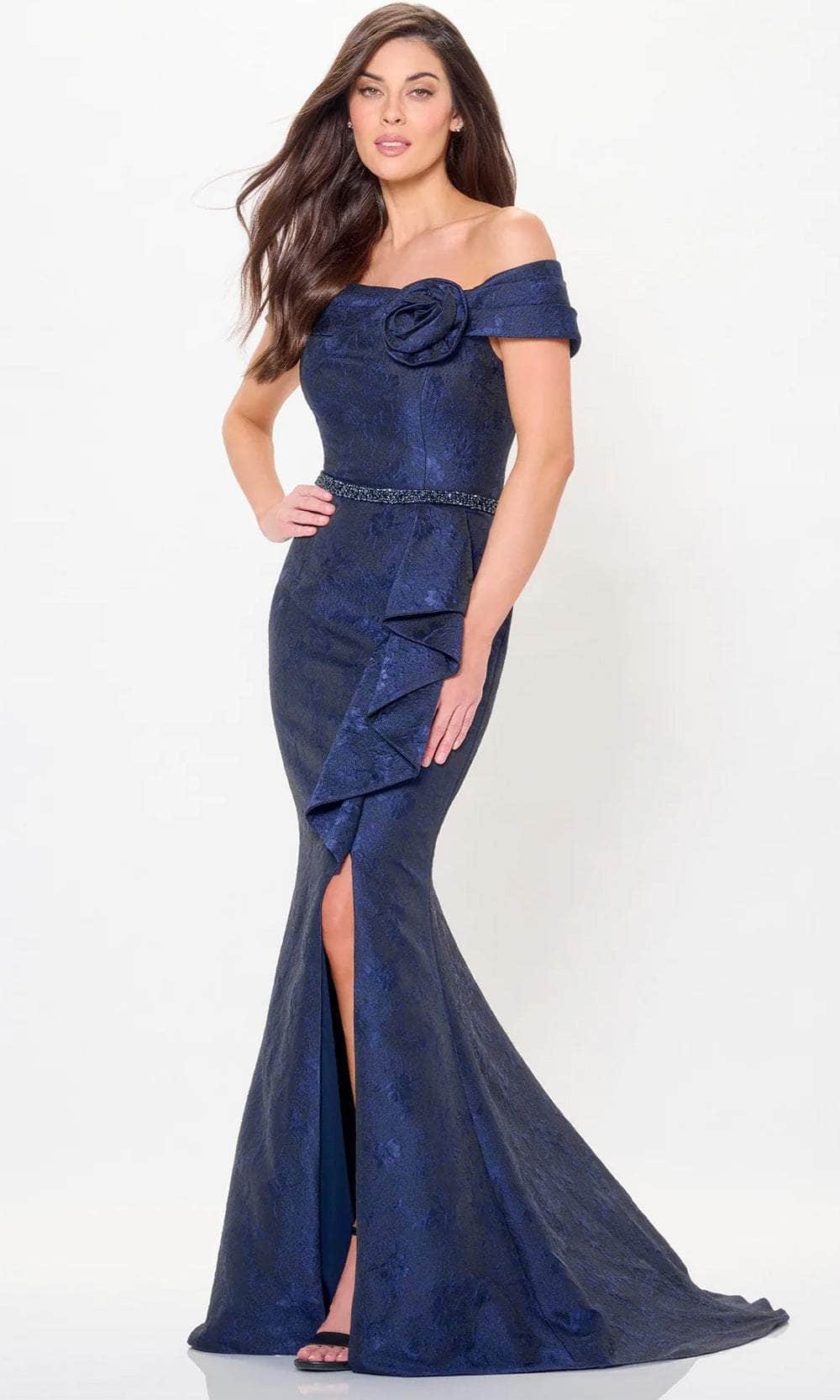 Glamorous Mermaid Off-Shoulder Cap-Sleeve-Zip-Back Navy Brocade Ruffled Floor-Length Mother of the Bride Dresses