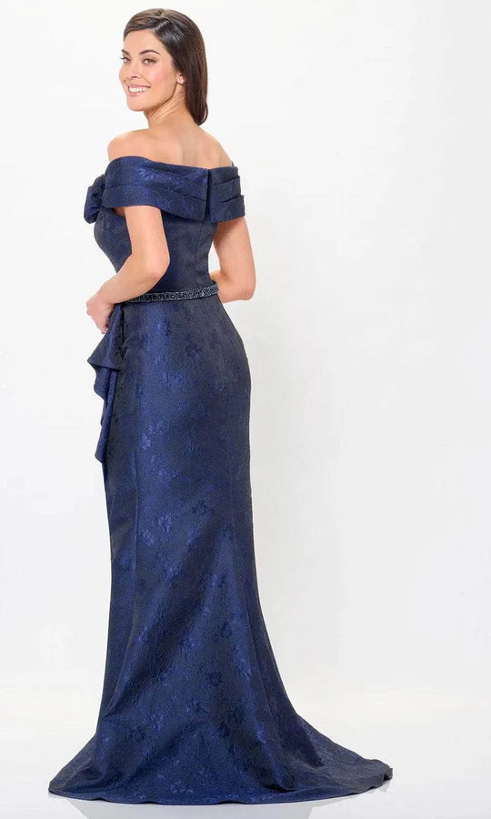 Glamorous Mermaid Off-Shoulder Cap-Sleeve-Zip-Back Navy Brocade Ruffled Floor-Length Mother of the Bride Dresses