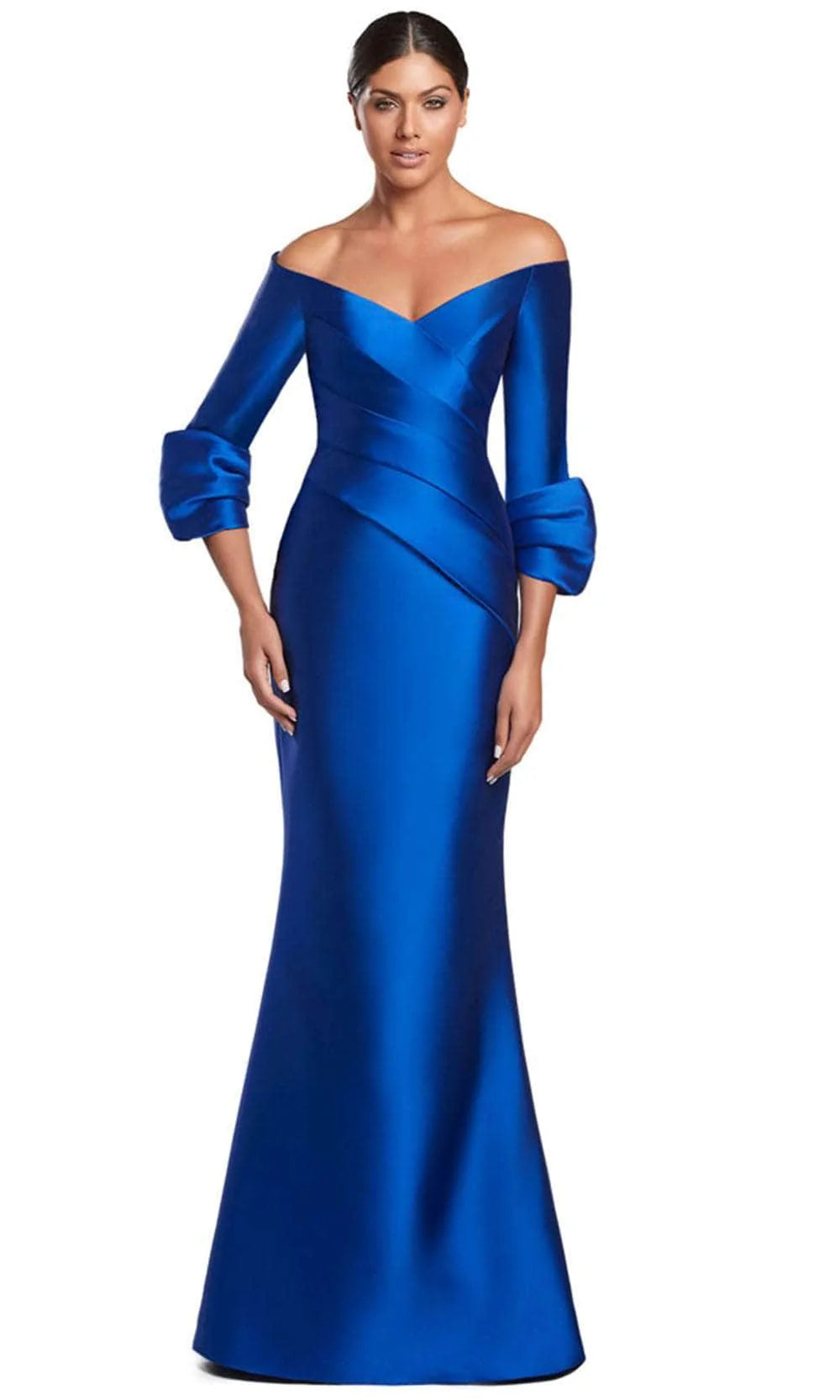 Glamorous Mermaid Off-Shoulder Cuffed-Long-Sleeve Button-Back Royal Blue Satin Floor-Length Mother of the Bride Dresses