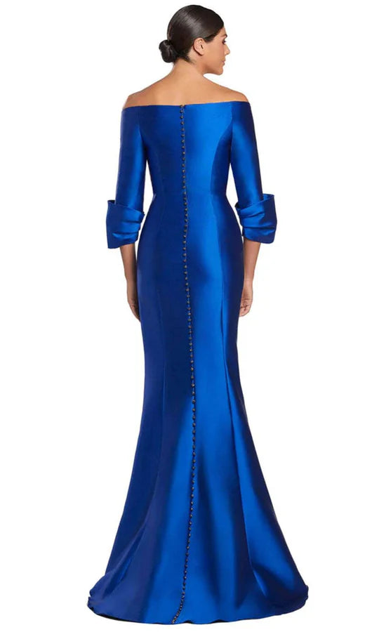 Glamorous Mermaid Off-Shoulder Cuffed-Long-Sleeve Button-Back Royal Blue Satin Floor-Length Mother of the Bride Dresses