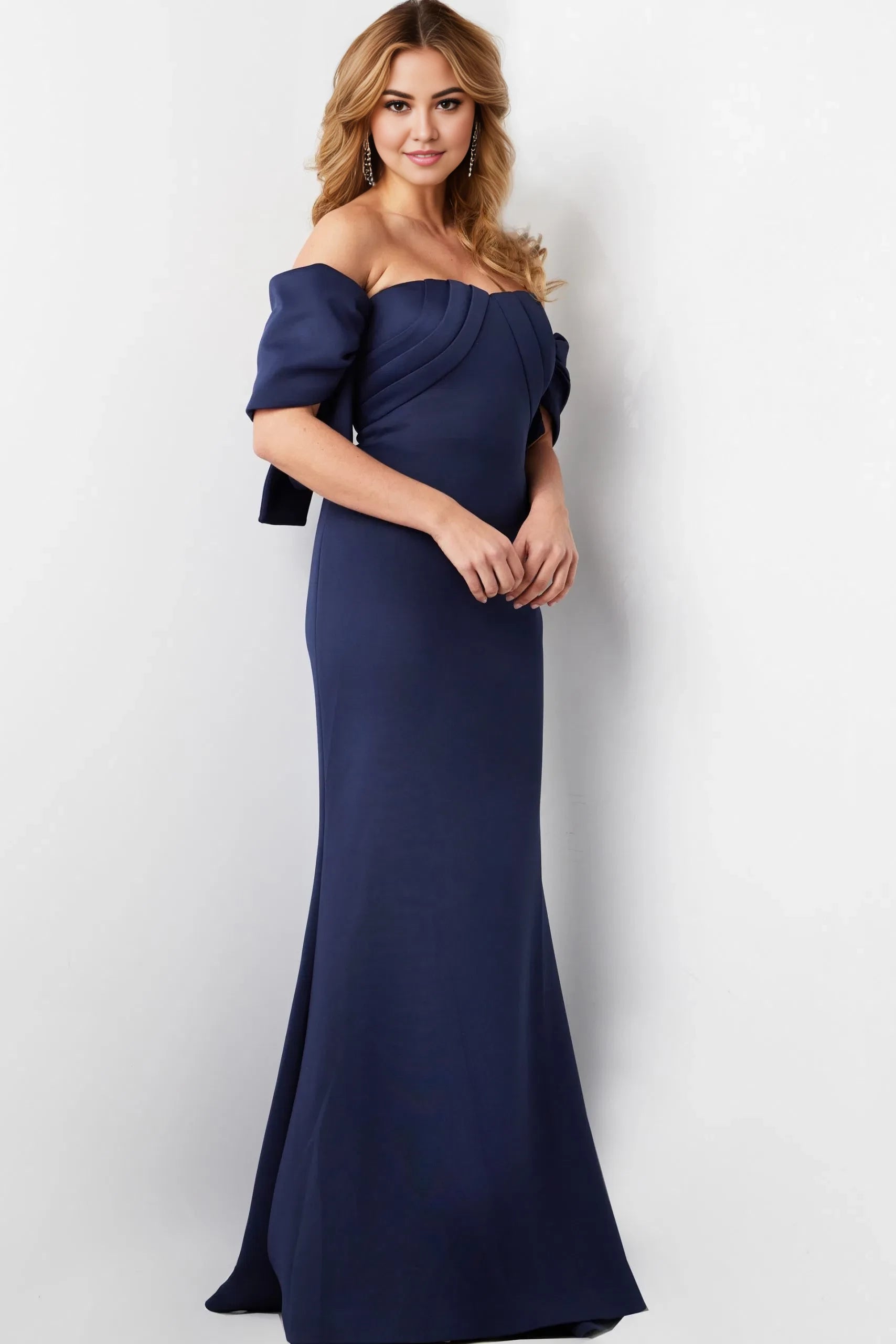 Glamorous Mermaid Off-Shoulder Dramatic-Bow Short-Sleeve Long Length Evening Dresses
