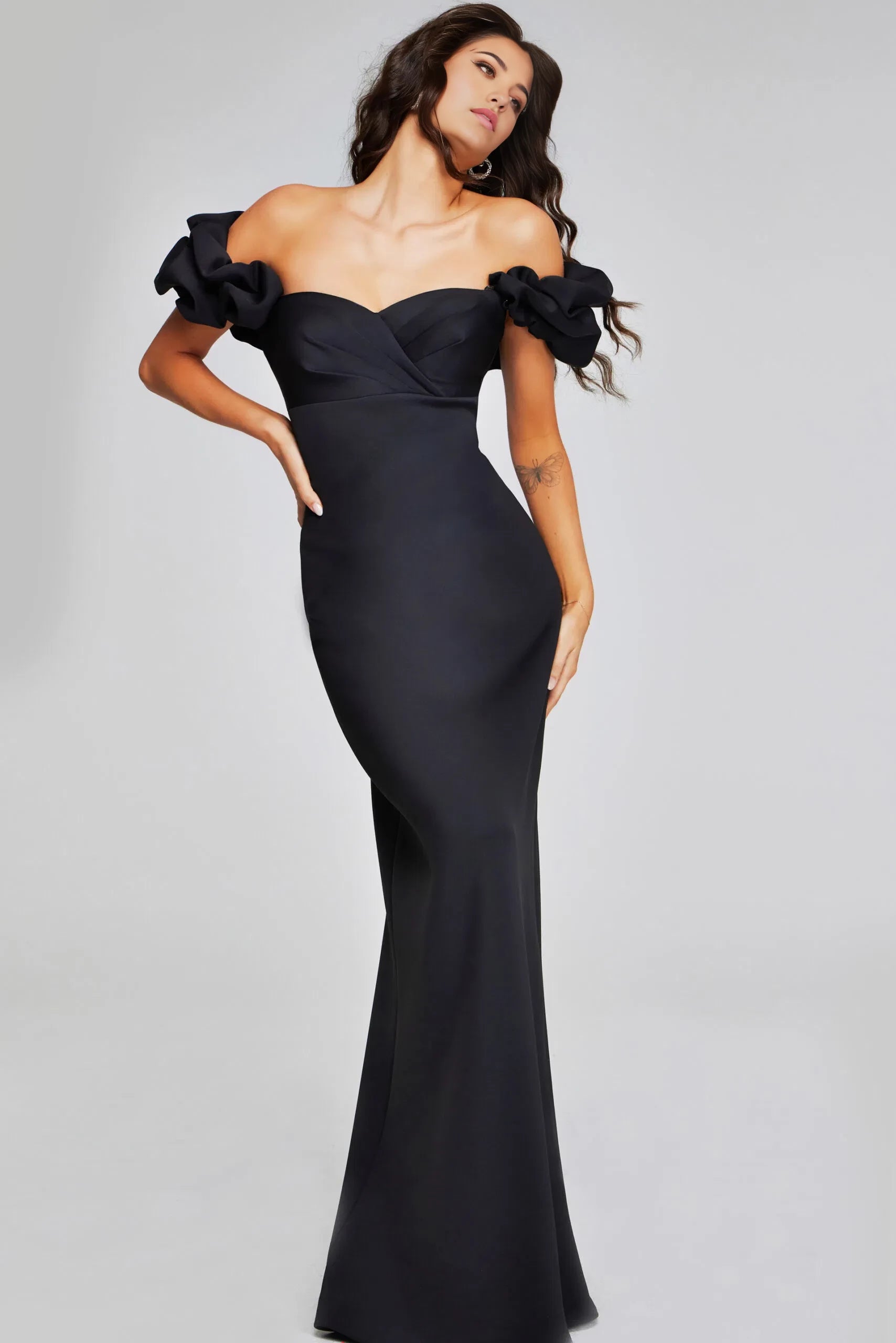 Glamorous Mermaid Off-Shoulder Dramatic Ruffle-Sleeve High-Slit Long Length Evening Dresses