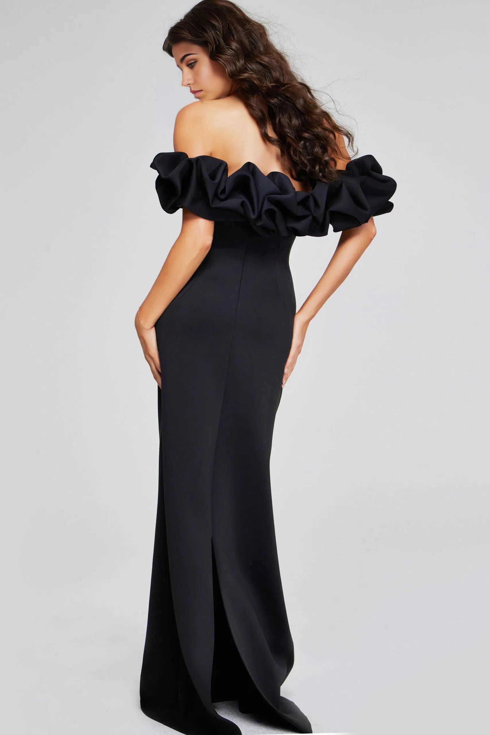 Glamorous Mermaid Off-Shoulder Dramatic Ruffle-Sleeve High-Slit Long Length Evening Dresses