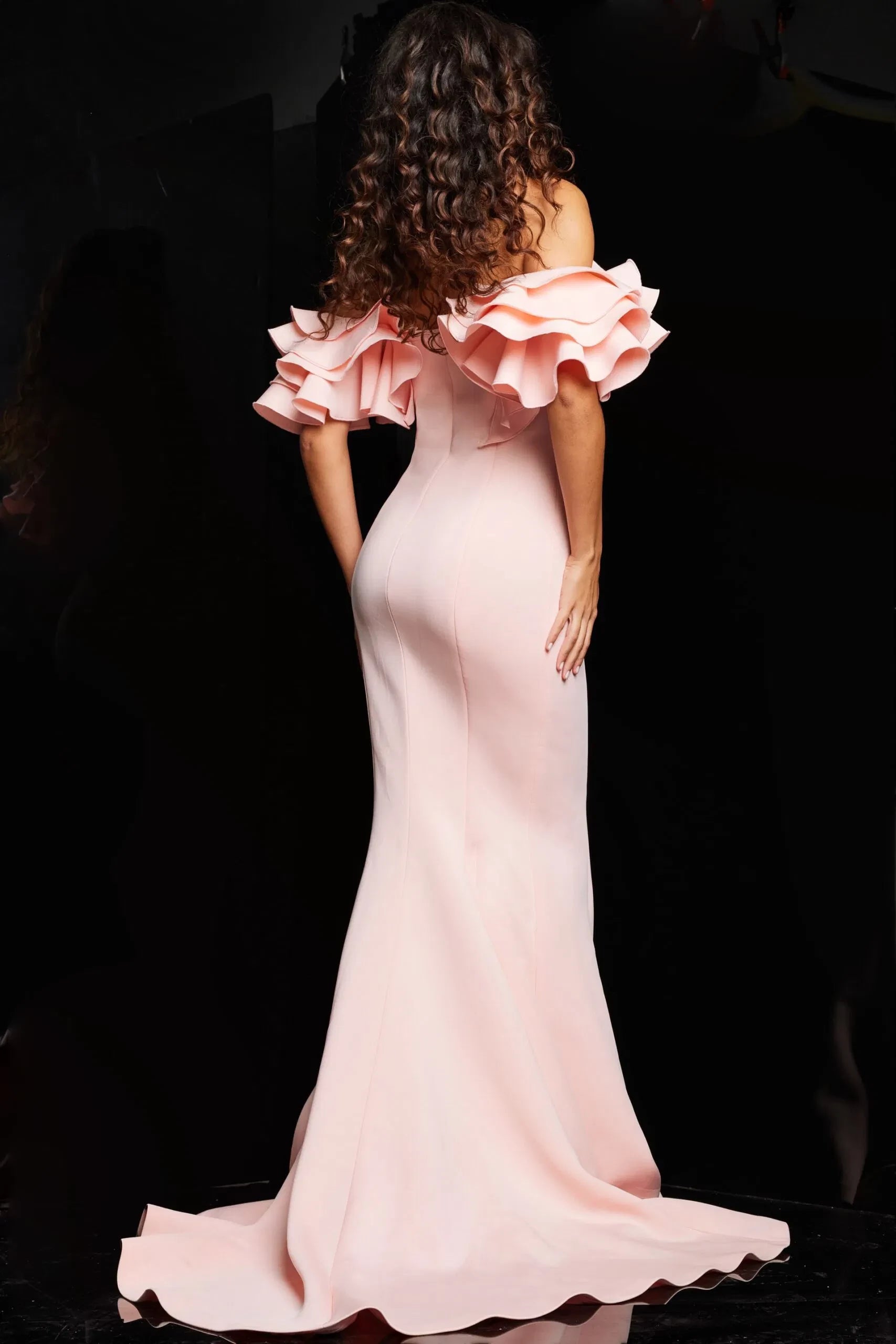 Glamorous Mermaid Off-Shoulder Dramatic-Ruffled Short-Sleeve Long Length Evening Dresses