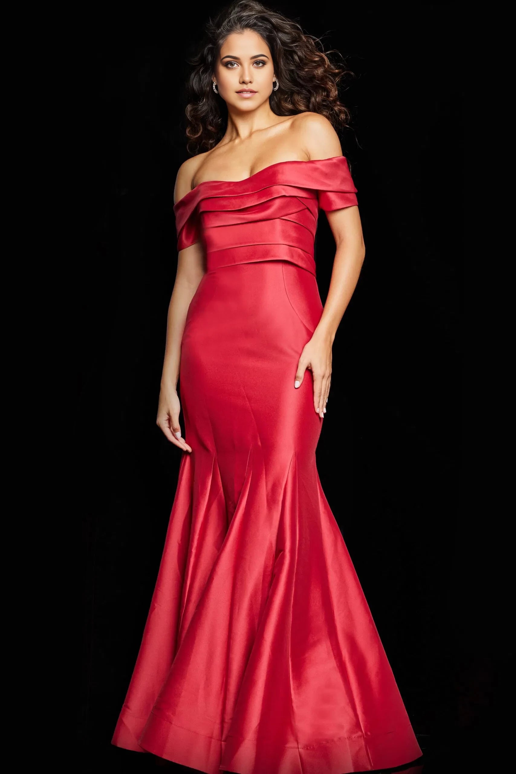 Glamorous Mermaid Off-Shoulder Draped-Detail Short-Sleeve Long Length Evening Dresses