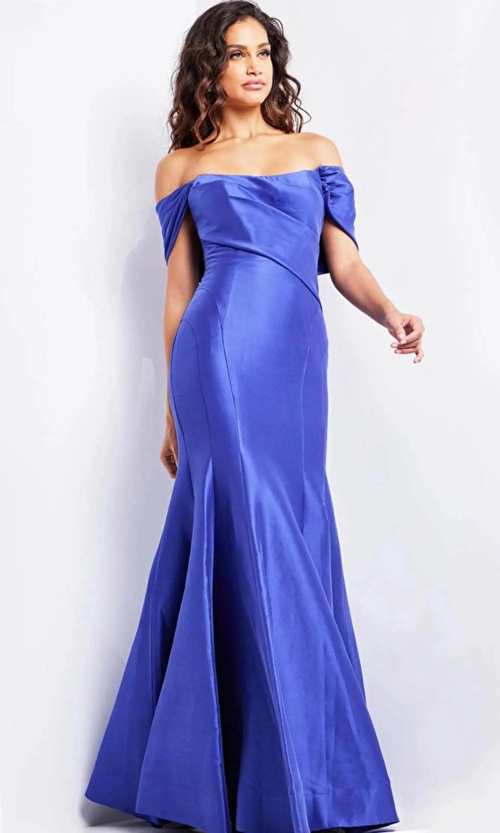Glamorous Mermaid Off-Shoulder Draped-Sleeve Open-Back Royal Blue Satin Floor-Length Mother of the Bride Dresses