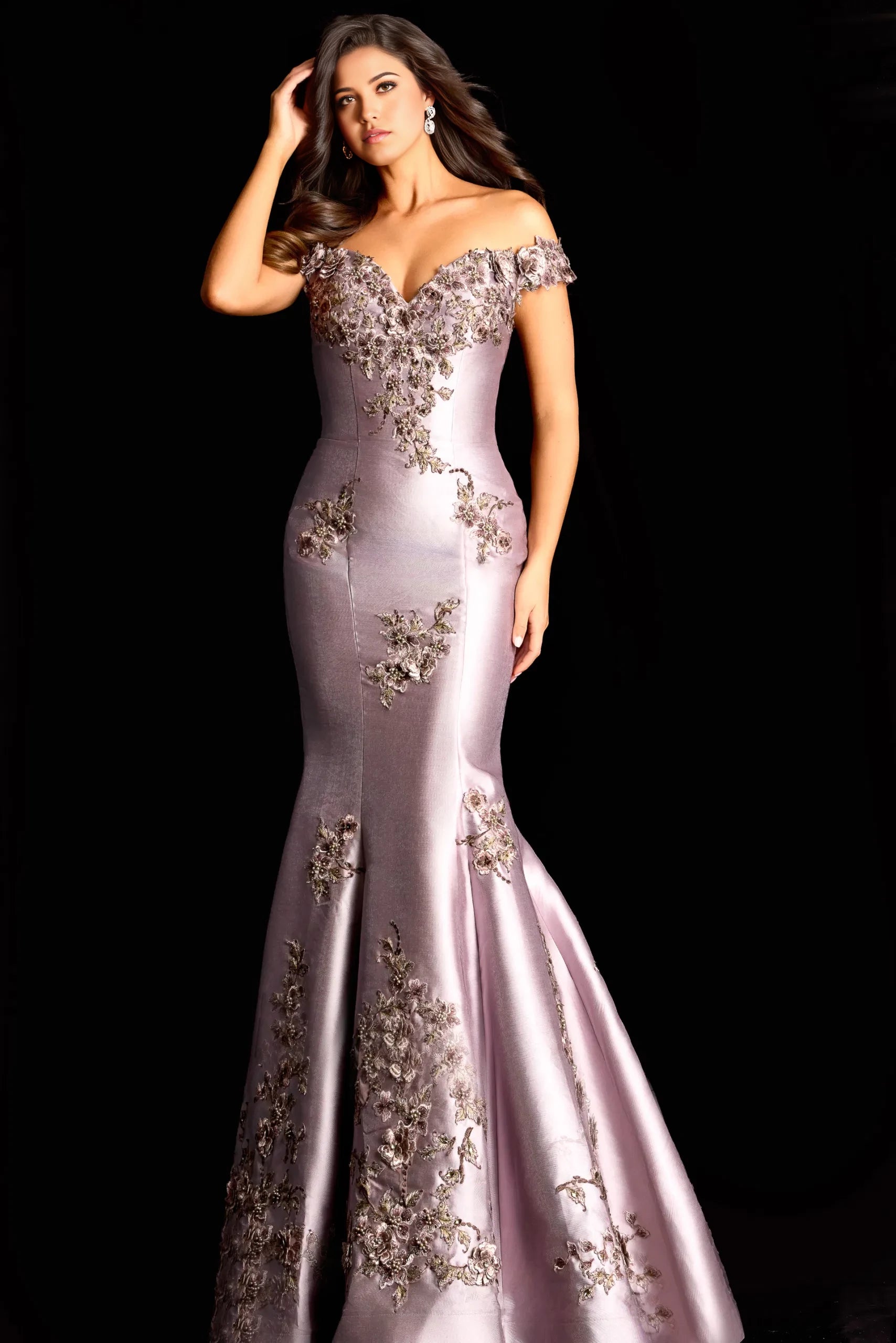 Glamorous Mermaid Off-Shoulder Floral-Embroidered Long Length Evening Dresses