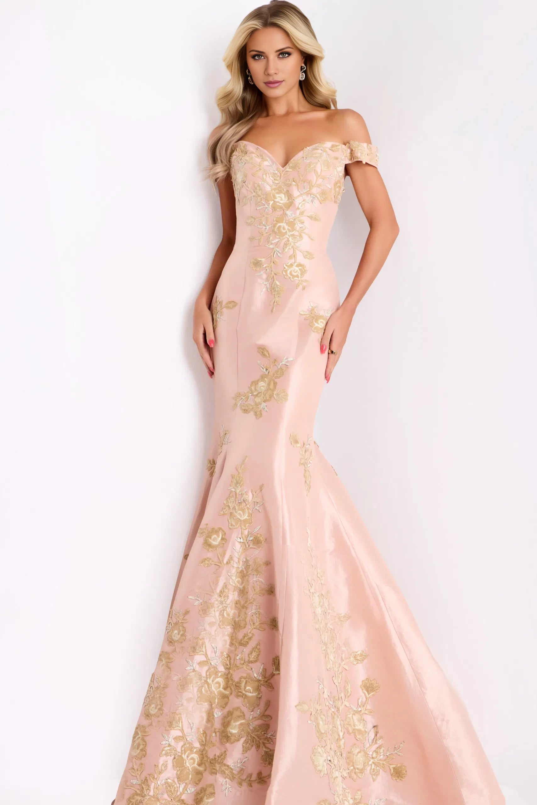 Glamorous Mermaid Off-Shoulder Floral-Embroidered Open-Back Long Length Evening Dresses