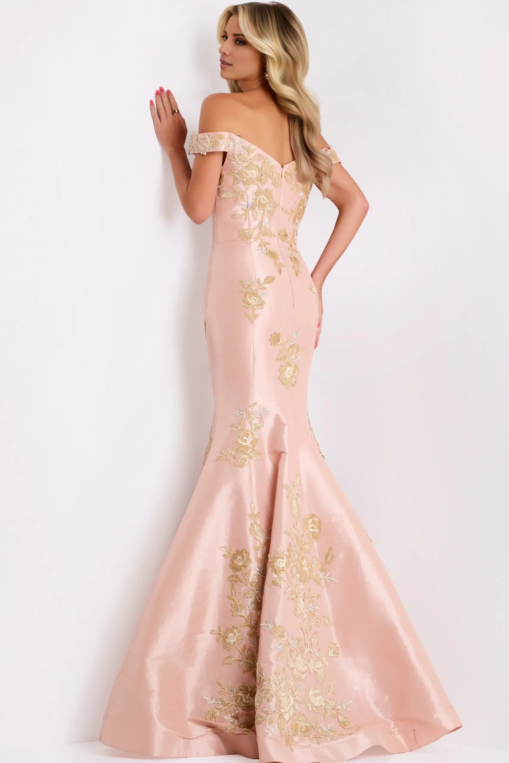 Glamorous Mermaid Off-Shoulder Floral-Embroidered Open-Back Long Length Evening Dresses