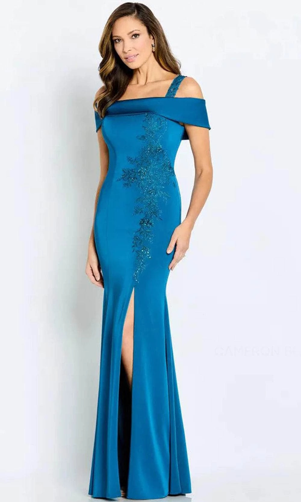 Glamorous Mermaid Off-Shoulder Lace-Accent-Slit-Back Teal Satin Floor-Length Mother of the Bride Dresses