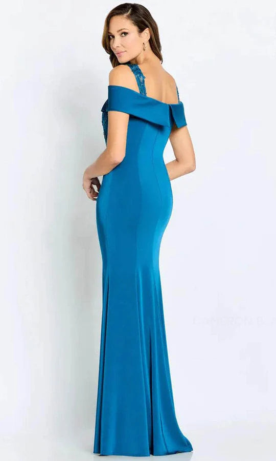 Glamorous Mermaid Off-Shoulder Lace-Accent-Slit-Back Teal Satin Floor-Length Mother of the Bride Dresses