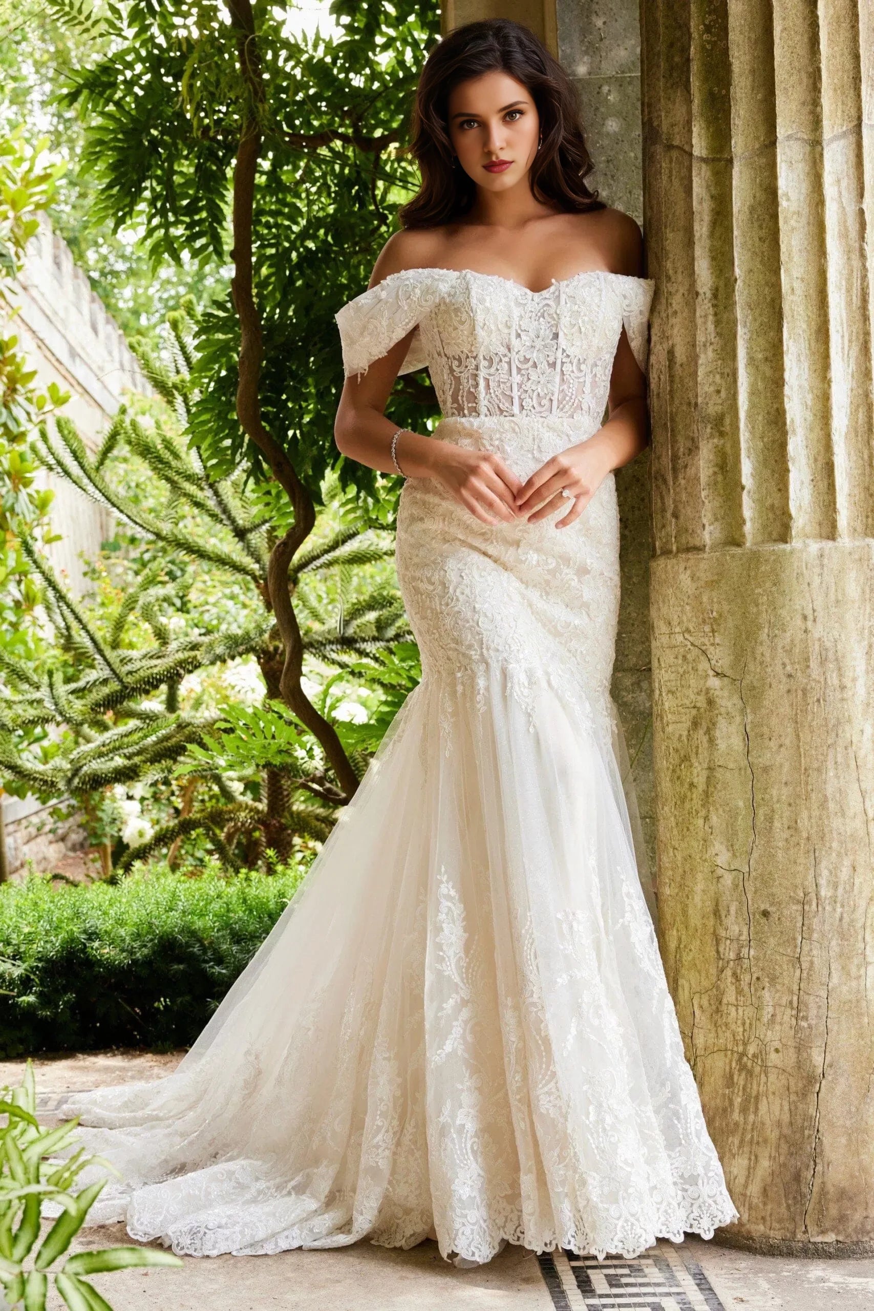Glamorous Mermaid Off-Shoulder Lace-Embellished Pearl-Button Back Train Length Wedding Dresses