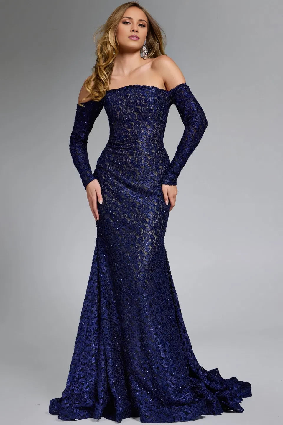 Glamorous Mermaid Off-Shoulder Lace-Long-Sleeve Open-Back Long Length Evening Dresses