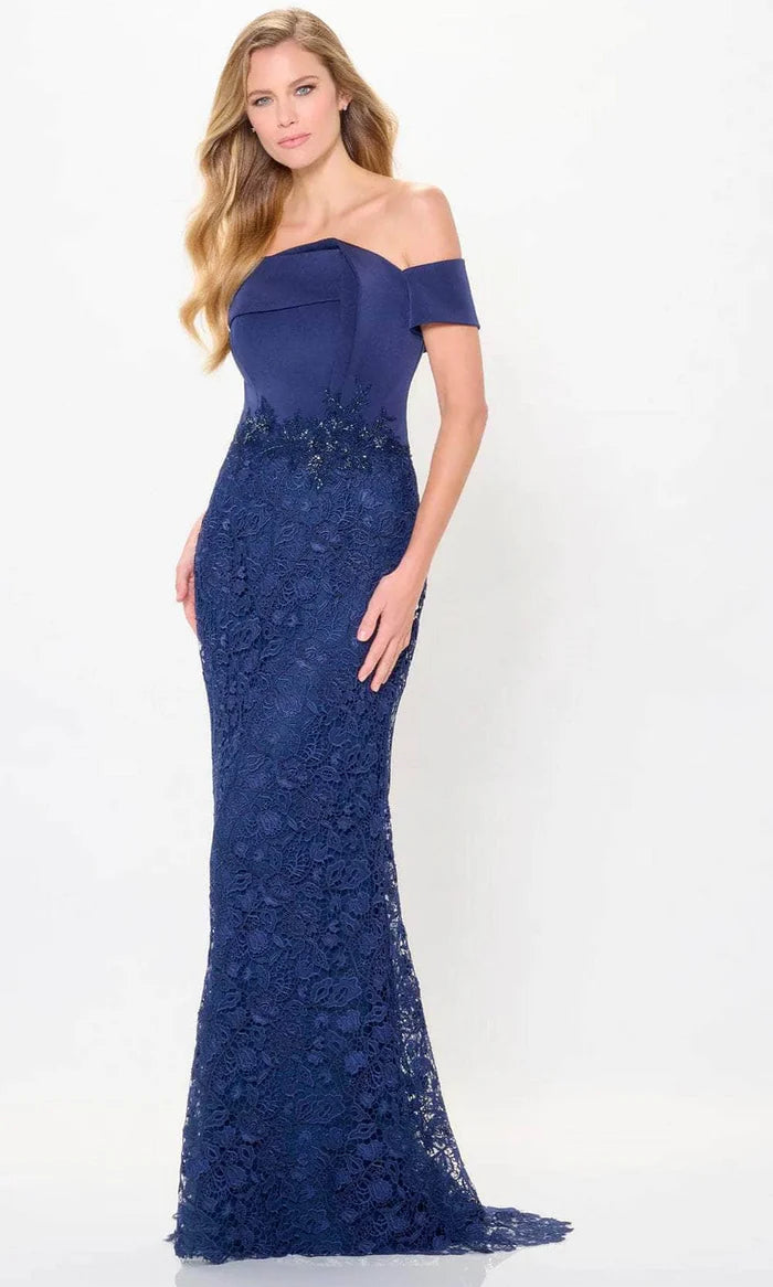 Glamorous Mermaid Off-Shoulder Layered-Lace-Beaded-Trim-Back Navy Satin Floor-Length Mother of the Bride Dresses