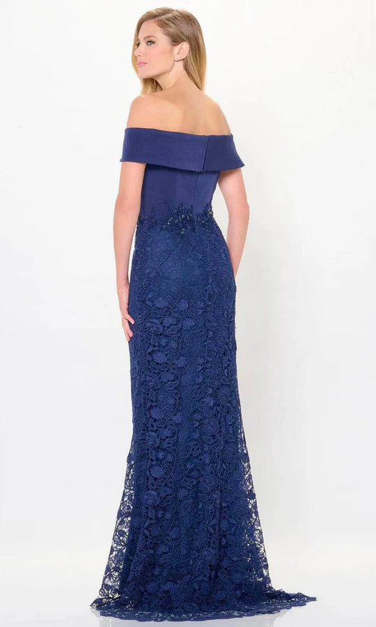 Glamorous Mermaid Off-Shoulder Layered-Lace-Beaded-Trim-Back Navy Satin Floor-Length Mother of the Bride Dresses