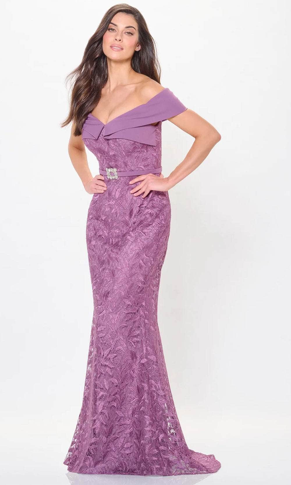 Glamorous Mermaid Off-Shoulder Leaf-Lace-Buckled-Belt-Back Plum Tulle Floor-Length Mother of the Bride Dresses