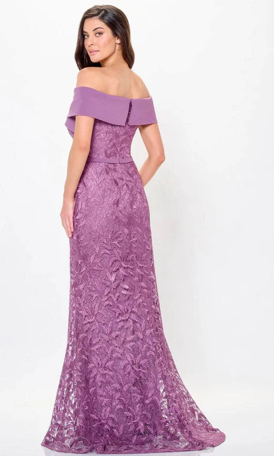 Glamorous Mermaid Off-Shoulder Leaf-Lace-Buckled-Belt-Back Plum Tulle Floor-Length Mother of the Bride Dresses