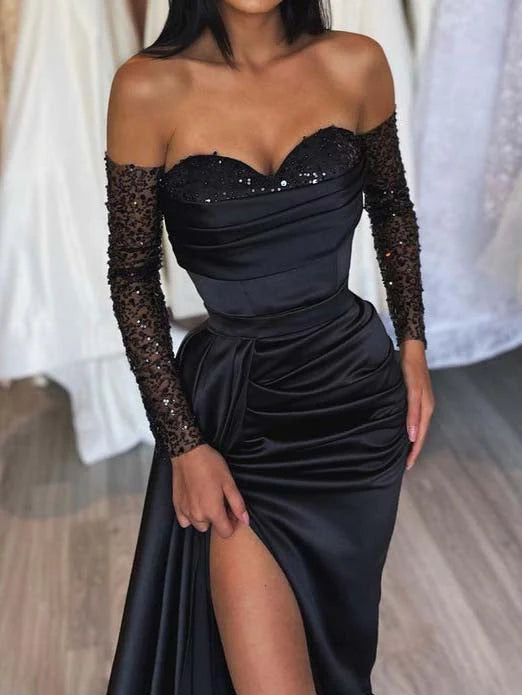 Glamorous Mermaid Off - Shoulder Long - Sleeve Zipper Back Floor - Length Evening Gown