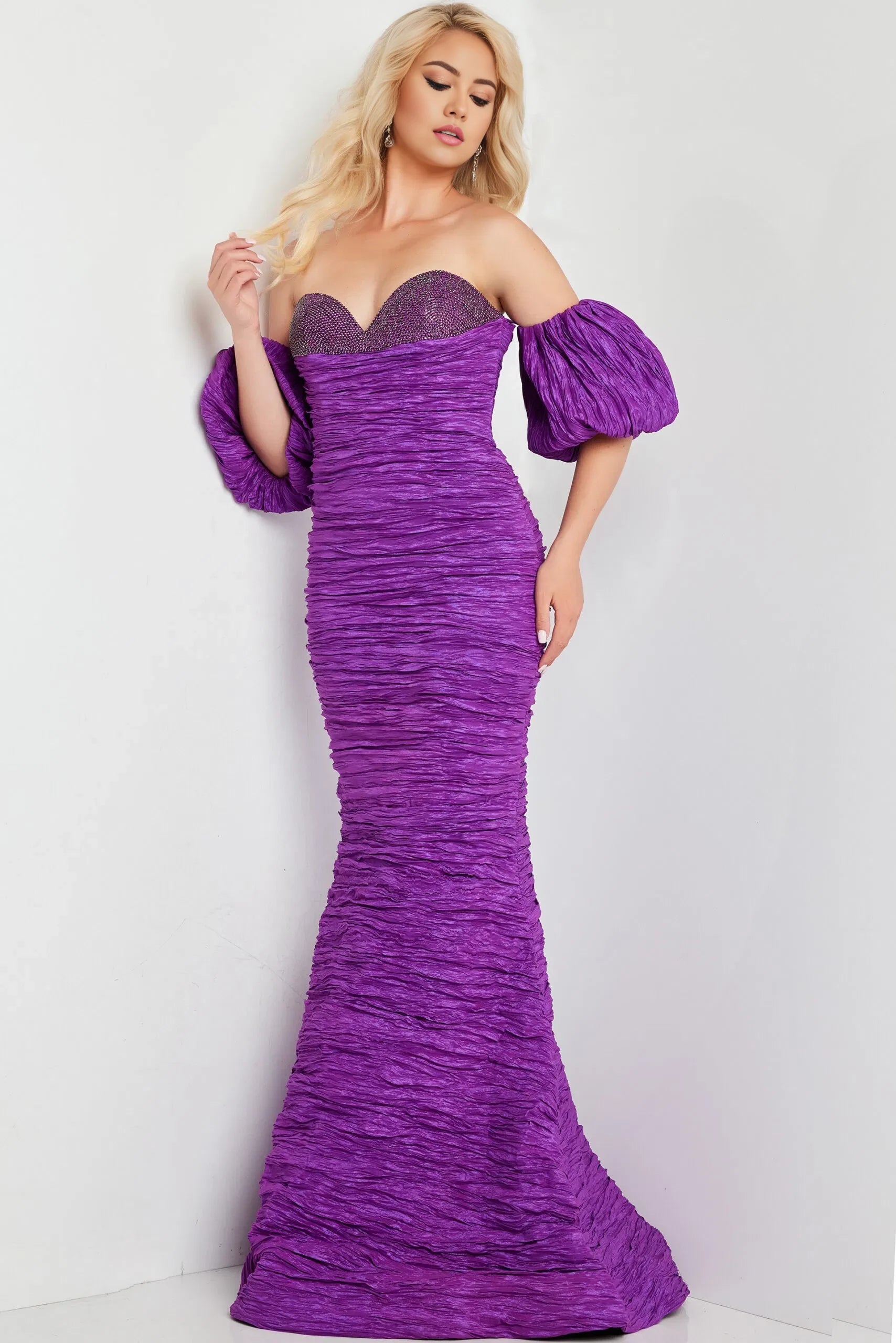 Glamorous Mermaid Off-Shoulder Puff-Sleeve Beaded-Bodice Textured Long Length Evening Dresses