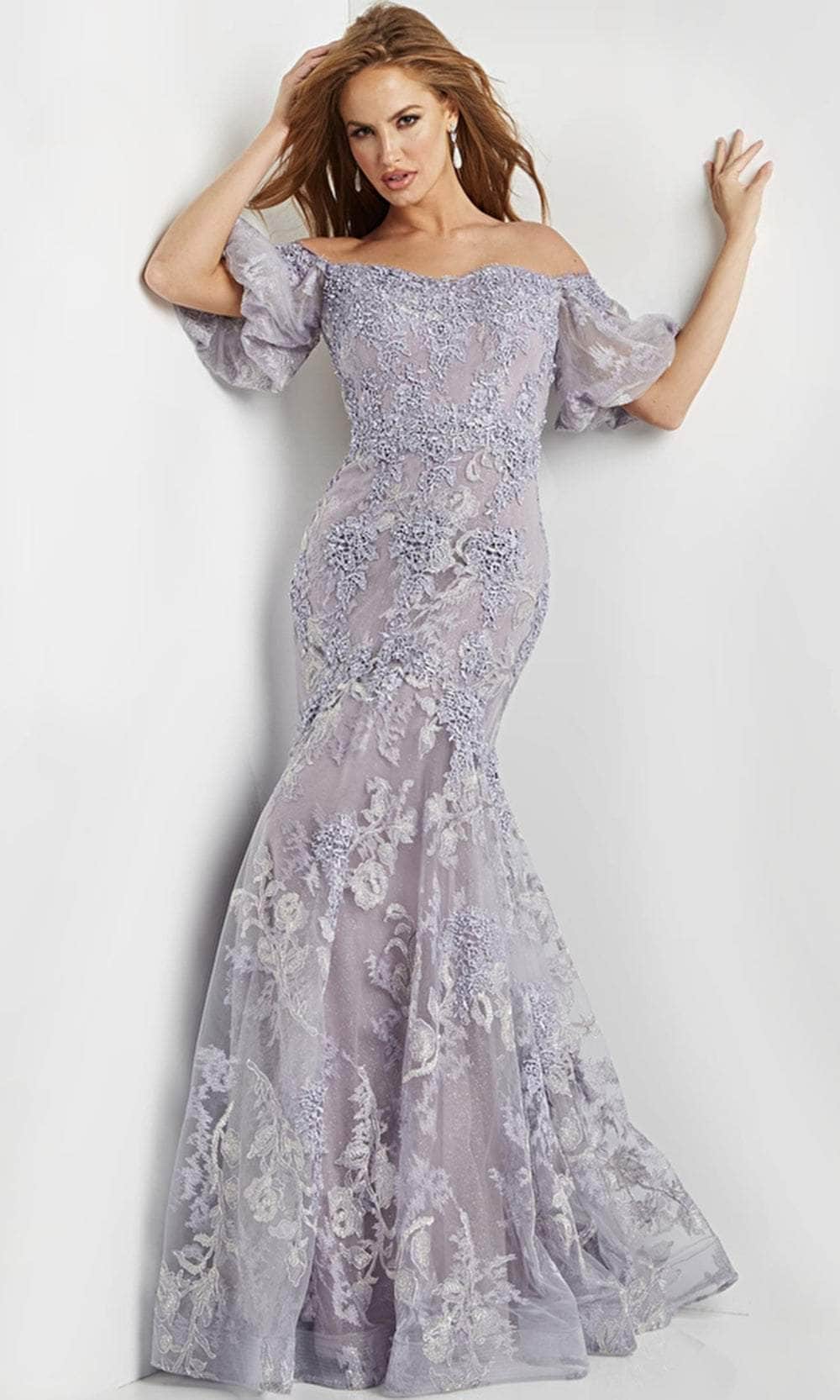 Glamorous Mermaid Off-Shoulder Puff-Sleeve Lace-Back Dusty-Lilac 3D-Floral Tulle Floor-Length Mother of the Bride Dresses
