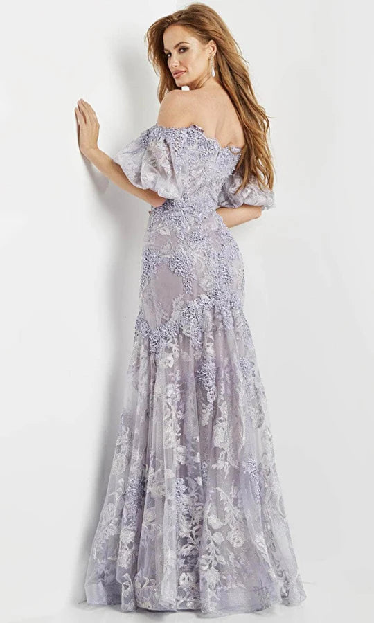 Glamorous Mermaid Off-Shoulder Puff-Sleeve Lace-Back Dusty-Lilac 3D-Floral Tulle Floor-Length Mother of the Bride Dresses