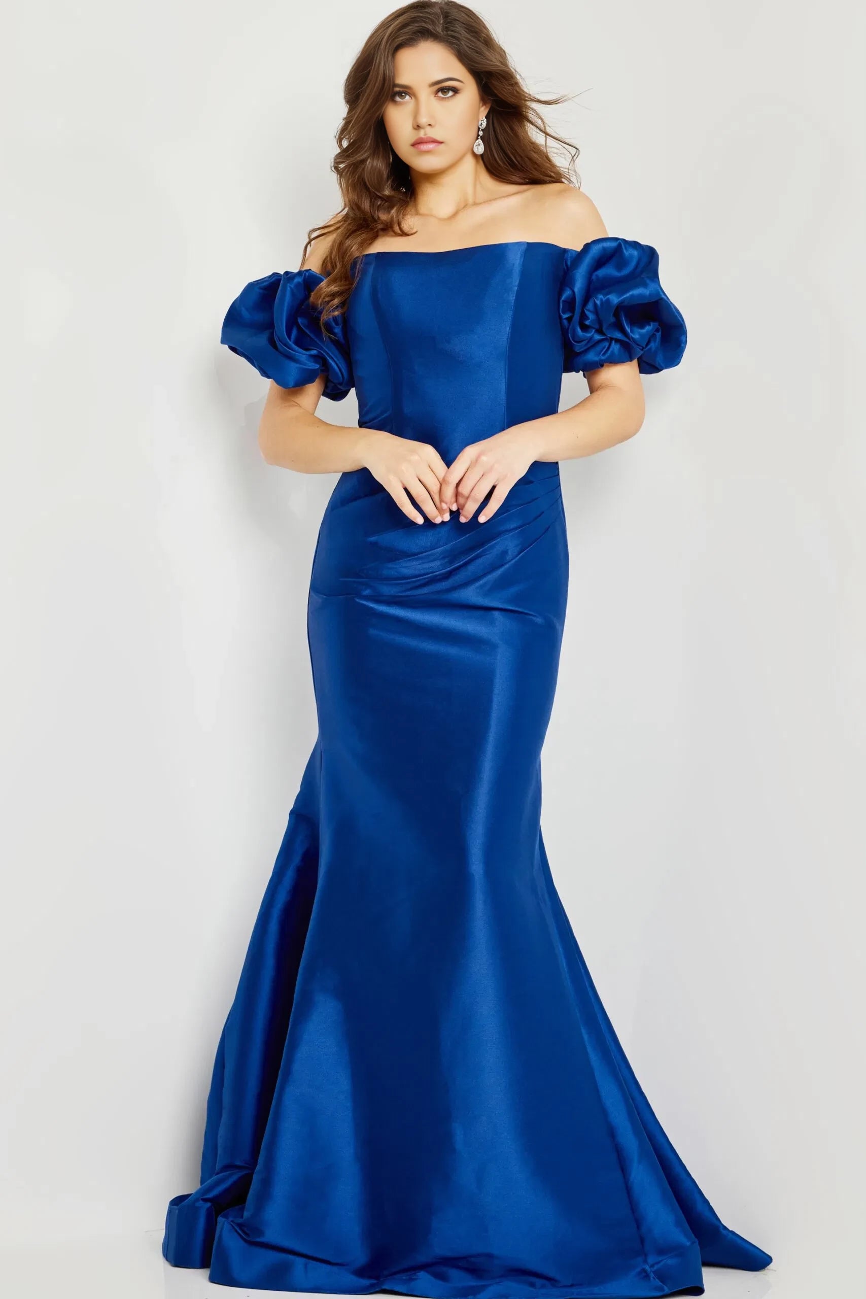 Glamorous Mermaid Off-Shoulder Puff-Sleeve Satin-Accent Long Length Evening Dresses