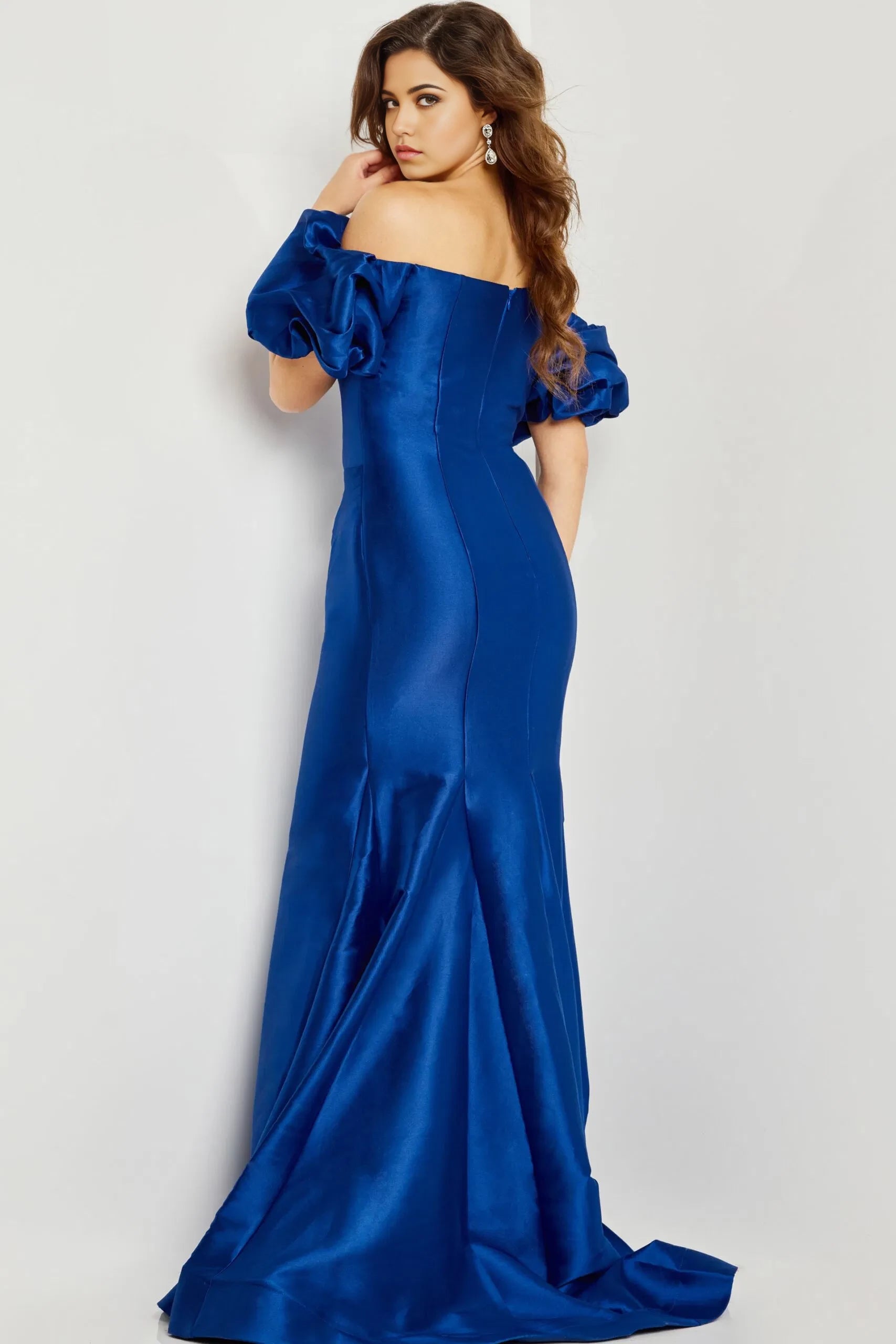 Glamorous Mermaid Off-Shoulder Puff-Sleeve Satin-Accent Long Length Evening Dresses