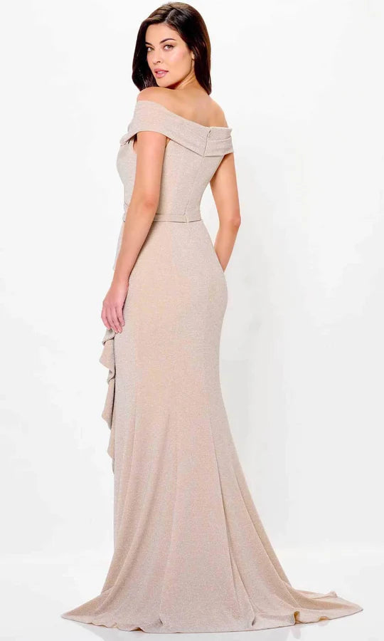 Glamorous Mermaid Off-Shoulder Ruffle-Accent Sash-Back Champagne Shimmer Crepe Floor-Length Mother of the Bride Dresses