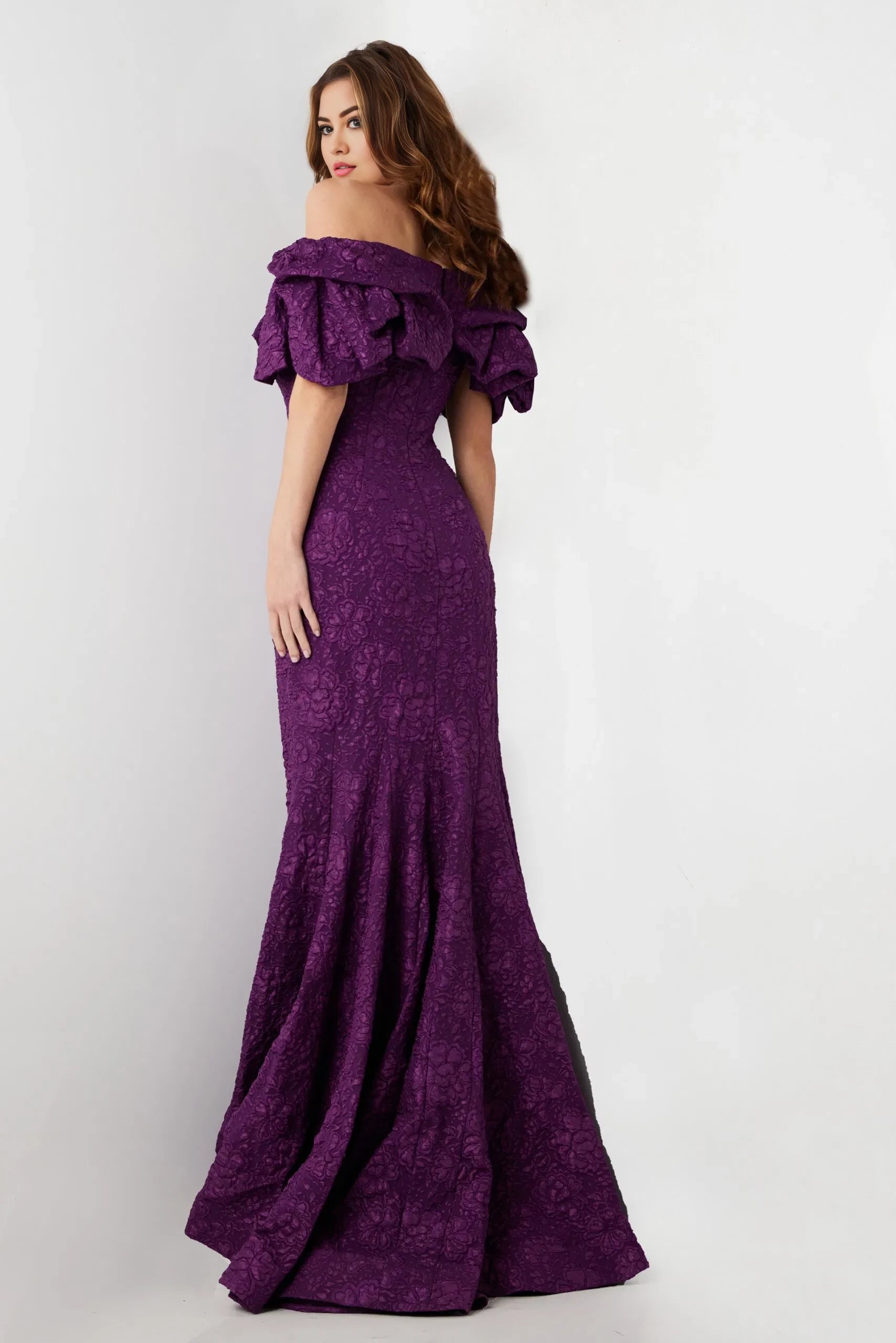 Glamorous Mermaid Off-Shoulder Ruffle-Sleeve Textured Floral Long Length Evening Dresses