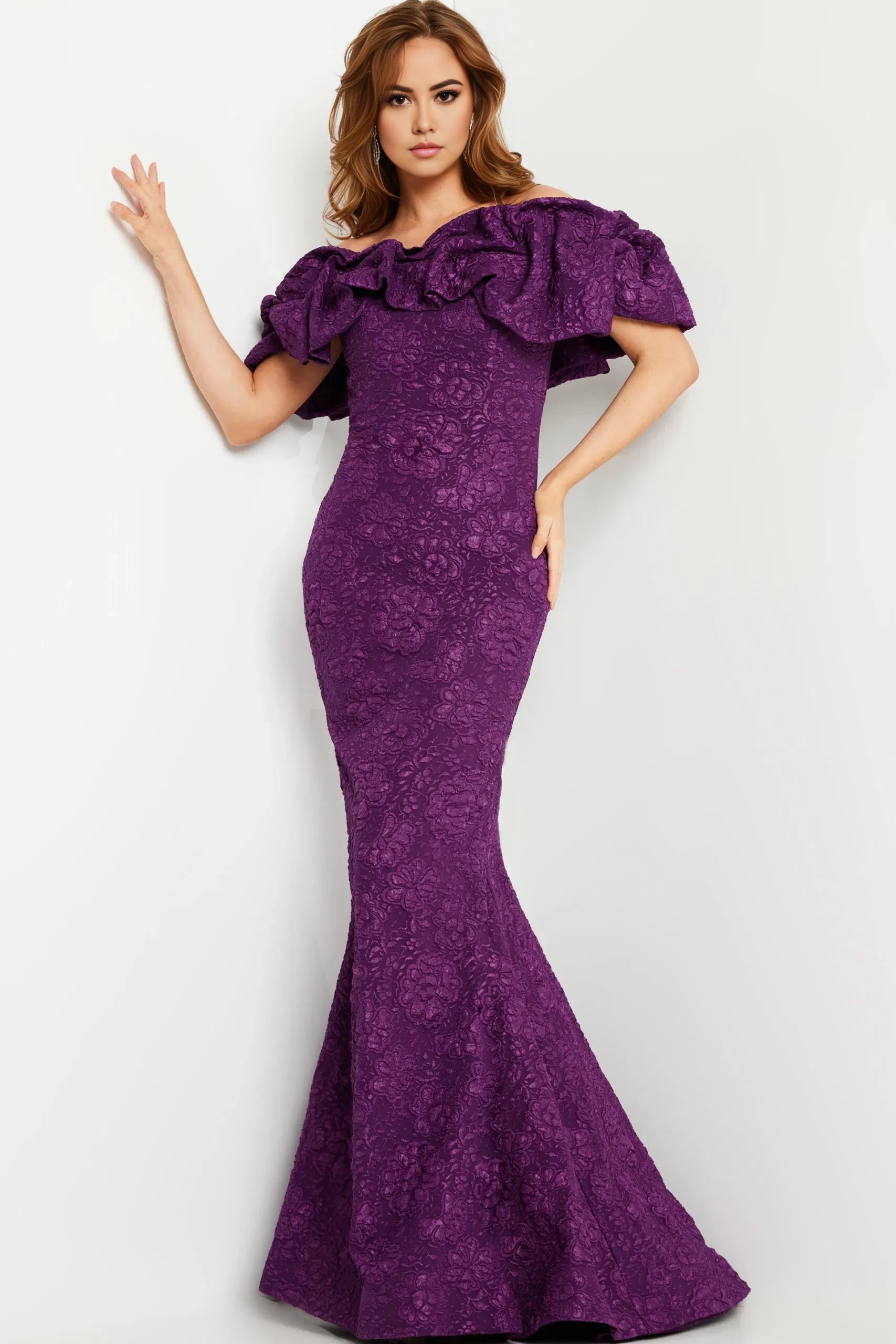 Glamorous Mermaid Off-Shoulder Ruffle-Sleeve Textured Floral Long Length Evening Dresses