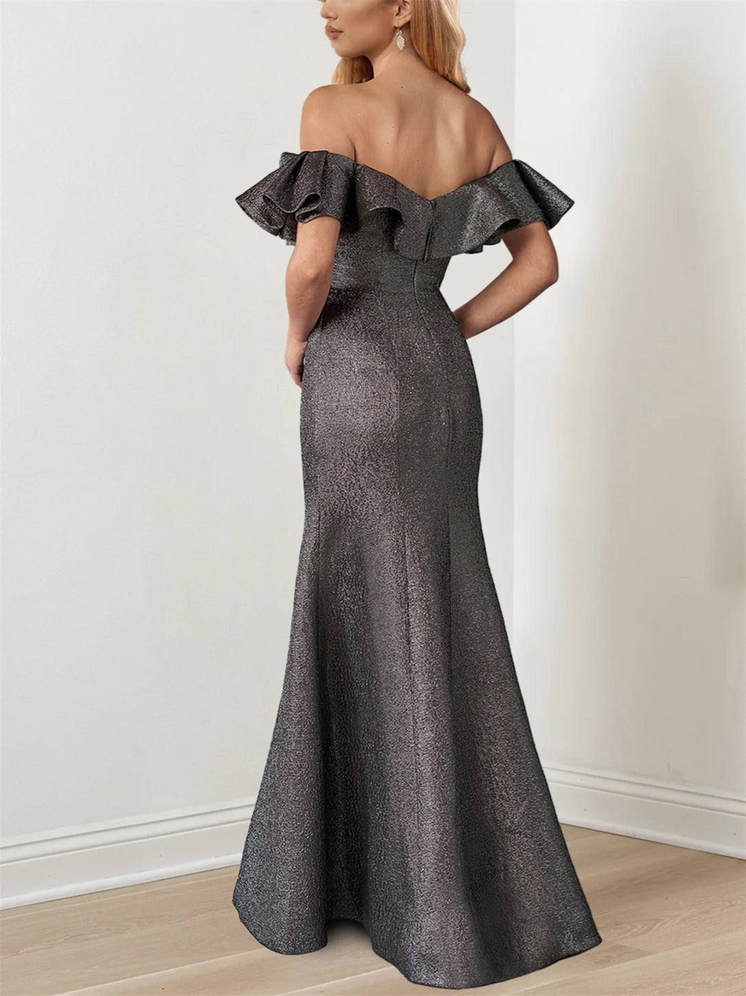 Glamorous Mermaid Off - Shoulder Ruffle Sleeve Zipper Back Floor - Length Mother of the Bride Dresses