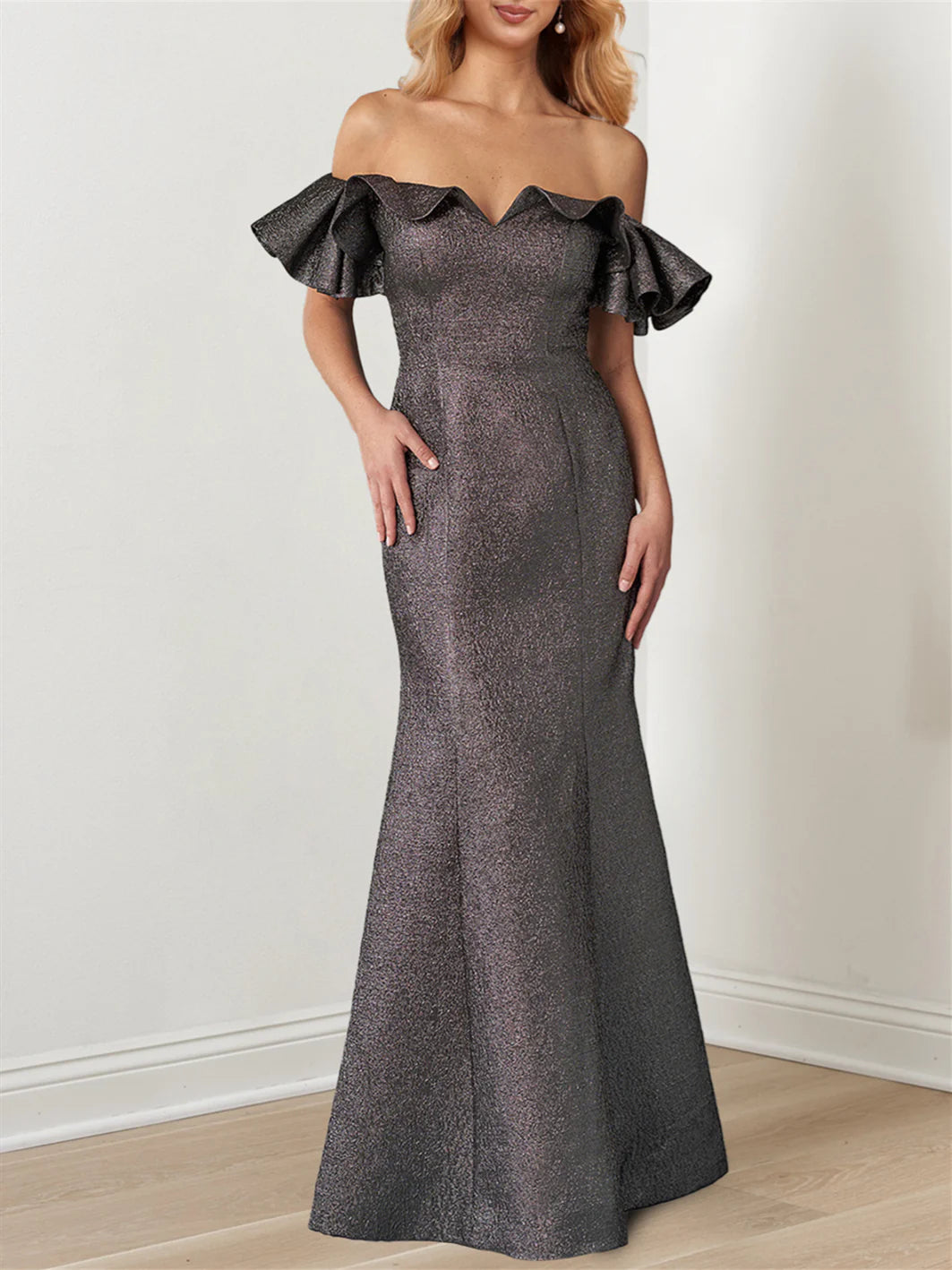 Glamorous Mermaid Off - Shoulder Ruffle Sleeve Zipper Back Floor - Length Mother of the Bride Dresses