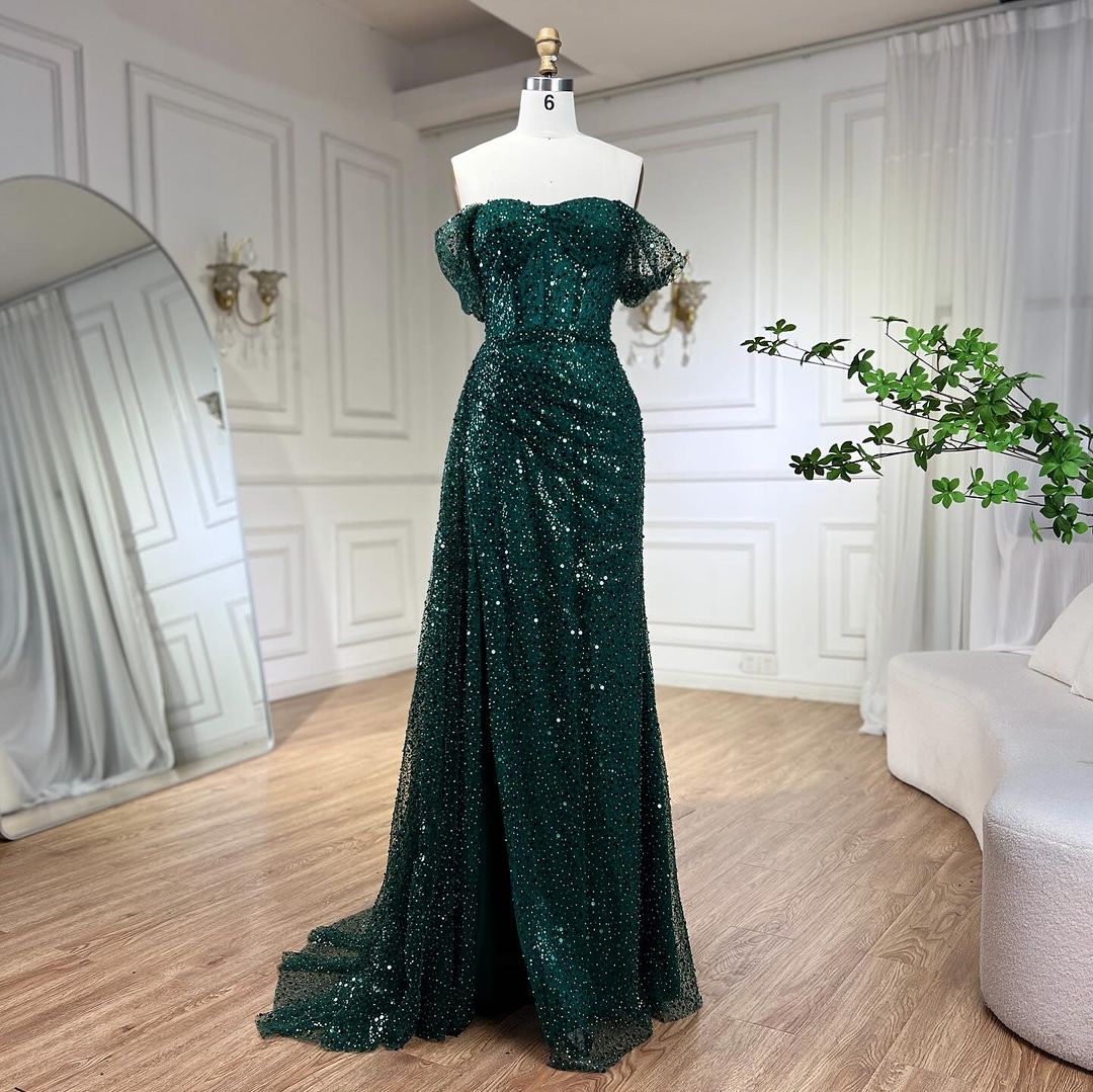 Glamorous Mermaid Off - Shoulder Ruffle Sleeve Zipper Back Long Length Prom Dresses