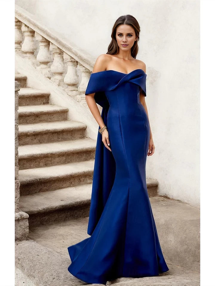 Glamorous Mermaid Off - Shoulder Ruffle Sleeve Zipper Back Long Length Prom Dresses